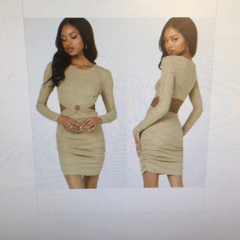 PRINCESS POLLY/“ORANI BEIGE LONG SLEEVE RIBBED CUT MINI DRESS/NWT